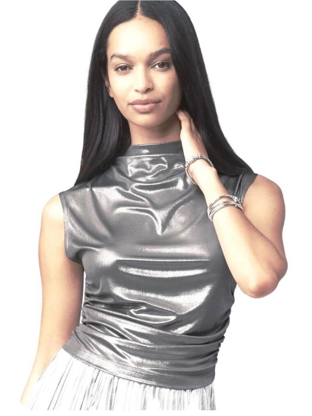 Maeve Anthropologie Metallic Rose Gold Sleeveless Mock Neck Top Womens XL Ruched